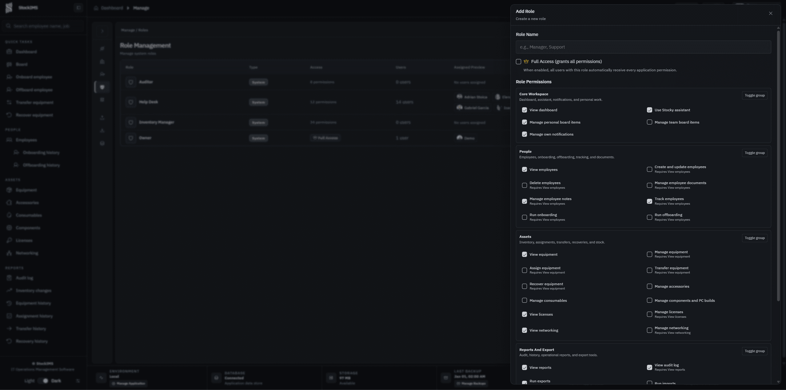 Current StockIMS create-role panel with granular permissions